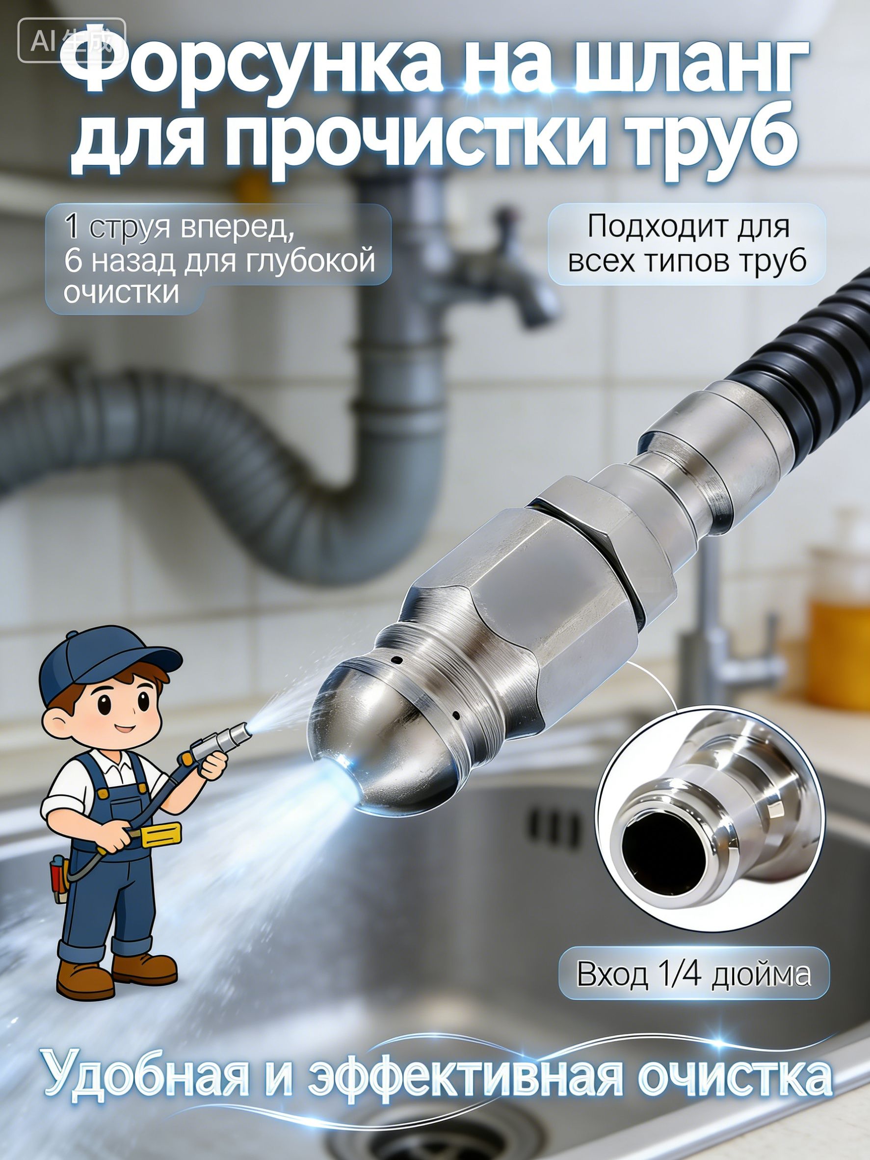 Форсунка на шланг для прочистки труб, 1 струя вперед и 6 назад, для глубокого очищения труб, вход 1/4 дюйма