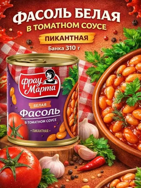 Фасоль белая в томатном соусе пикантная, 1 банка