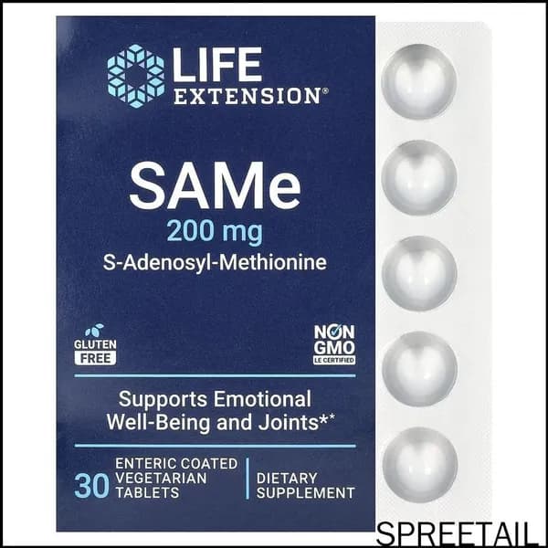 Life Extension, SAMe, S-аденозилметионин, 200 мг, 30 вегетарианских кишечнорастворимых таблеток