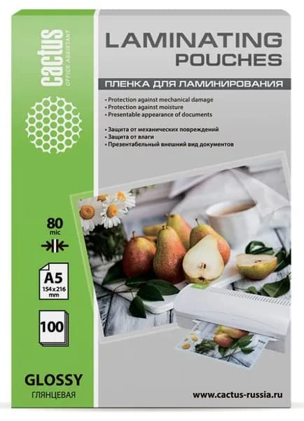 Пленка для ламинирования 100шт Cactus 80мкм, A5, глянцевая, 154x216мм (CS-LPGA580100)