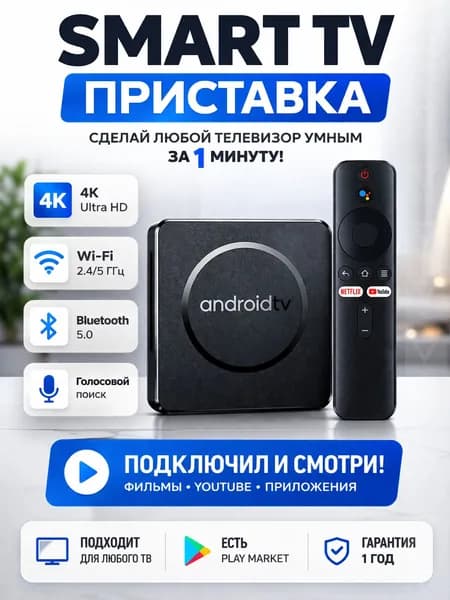 Смарт ТВ приставка Wi-Fi для телевизора 8/128 ГБ, андроид приставка Smart TV Android TV медиаплеер вай фай