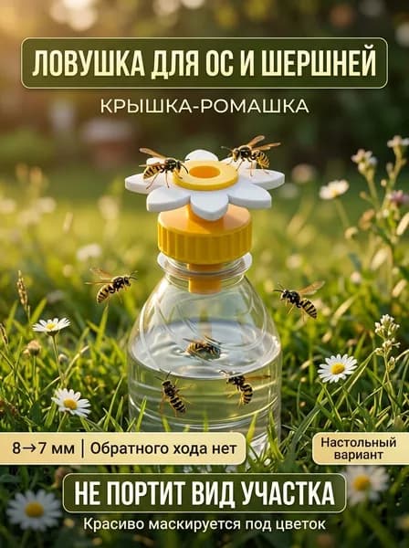 Ловушка для ос и шершней. Крышка-ромашка. Настольный вариант. Подходит на ПЭТ-бутылку. Многоразовая