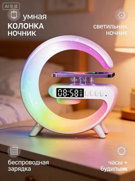 RGB smart умный ночник с беспроводной зарядкой, динамиком Bluetooth