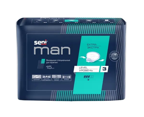 Вкладыши специальные для мужчин seni man в размере EXTRA LEVEL 3 (ЭКСТРА УРОВЕНЬ 3)/ прокладки мужские, 15 шт.