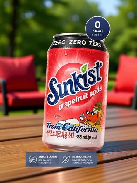 Газированный напиток со вкусом сливы и грейпфрута без сахара Grapefruit soda 355ml Sunkist