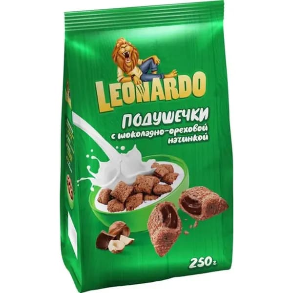 LEONARDO Завтрак готовый, подушечки с шоколадной начинкой, 250 гр.