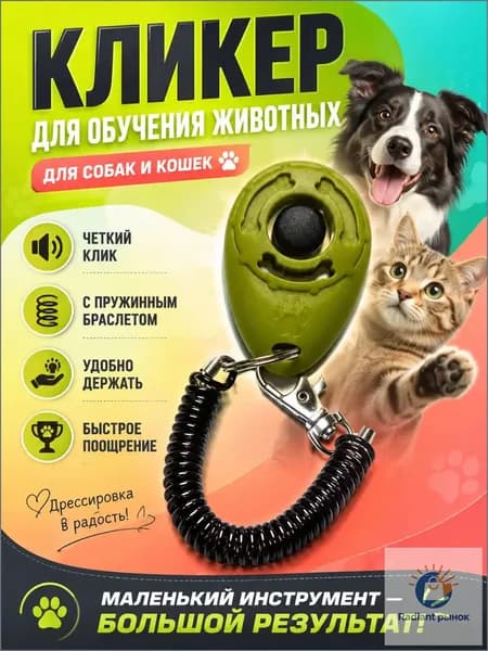 Кликер для дрессировки собак и кошек с браслетом и карабином, зеленый