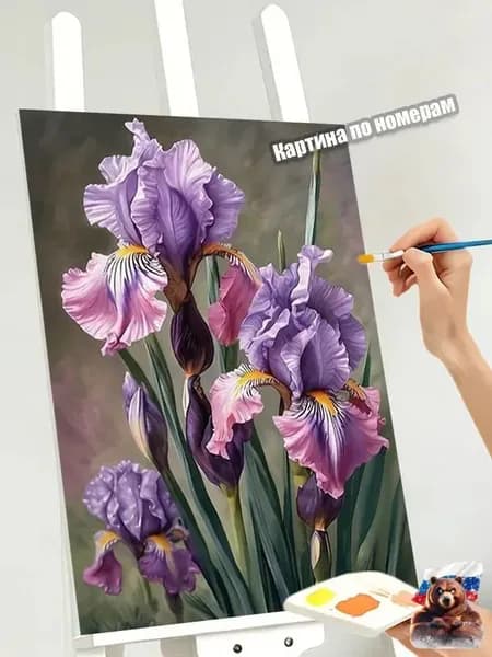 Картина по номерам Нежные ирисы с зелеными стеблями 40х50 см, картина в живописном стиле, набор для творчества, стильный декор для дома, подарок для ценителей красоты