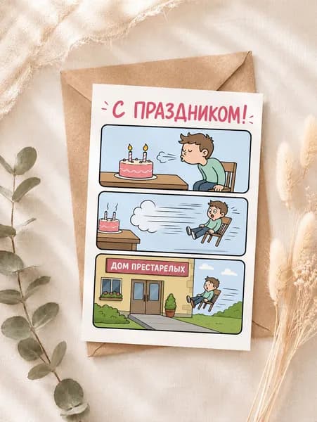 Открытка С праздником! с мемным комиксом, 10 15 см, с крафт-конвертом