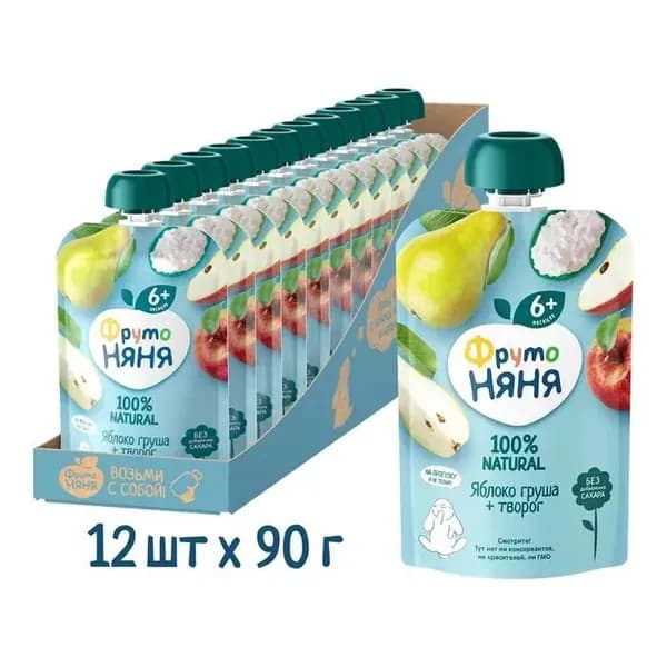 Пюре ФрутоНяня из яблок, груш и творога, 12шт х 90 г, с 6 месяцев