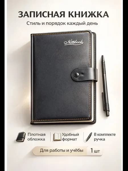 Записная книжка с обложкой и ручкой в клетку