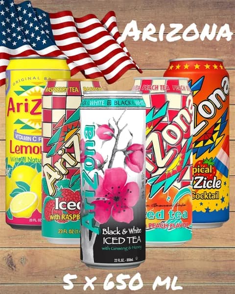Холодный чай Arizona набор: Малиновый Чай, Персиковый Чай, Тропик, Лимонад, Черный и Белый с женьшенем (Аризона) 0.650 л * 5шт, США