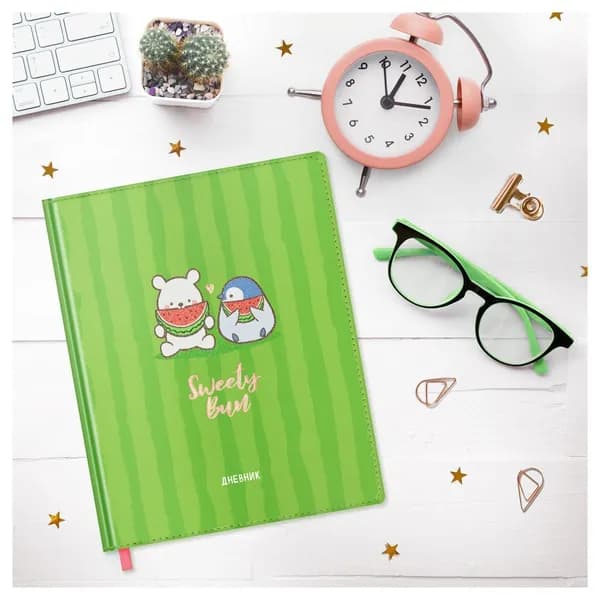Дневник школьный 1-11 кл. 48л. (твердый) MESHU "Sweety bun", иск. кожа, УФ-печать с глиттером, тиснение фольгой, тон. блок, ляссе (MS_49346)