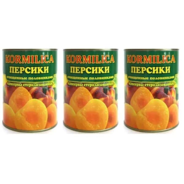 Кормилица Персики очищенные, половинками в сиропе, 850 мл, 3шт