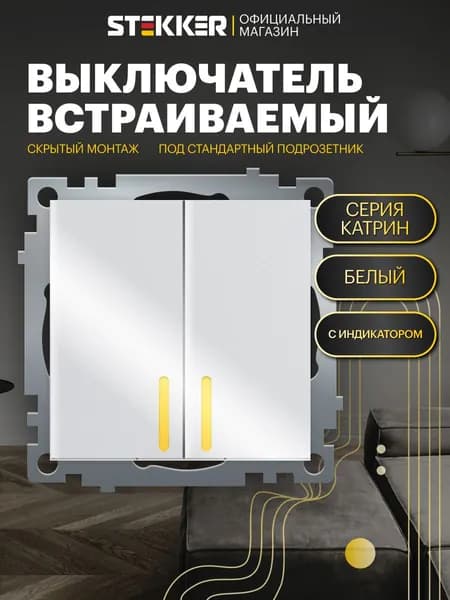 Выключатель двухклавишный встраиваемый с подсветкой 250В 10А белый Катрин Stekker GLS10-7102-01 39301