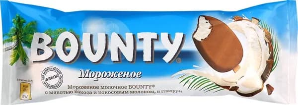 Мороженое молочное BOUNTY Молочное, с мякотью кокоса и кокосовым молоком в глазури 6%, без змж, эскимо, 60г2шт