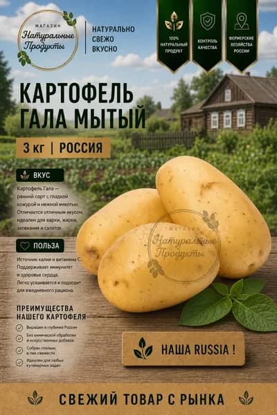 Картофель Гала мытый, 3 кг, РФ, не разваривается, для жарки и салатов