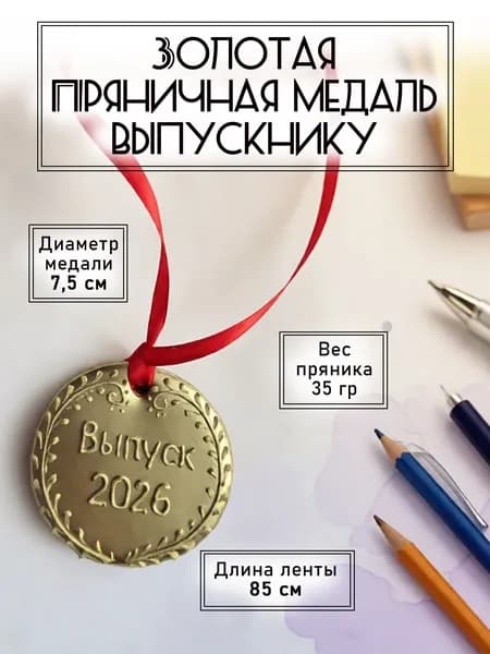 Медаль с золотым напылением с лентой "Выпуск 2026". Пряник на выпускной. 1 штука.