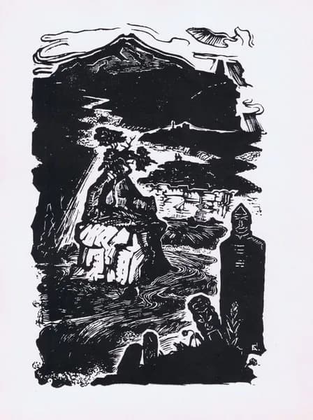 Кавказ. Горная река. Александр Гречкин. Линогравюра антикварная. СССР, 1968 г