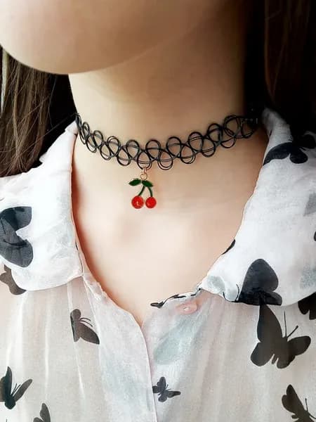 Чокер плетёный черный тату с подвеской вишенки простой