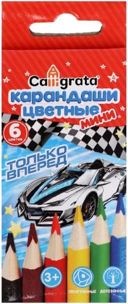 Карандаши цветные заточенные мини "Машинка" для детей, набор из 6 цветов в картонной коробке, корпус деревянный треугольный