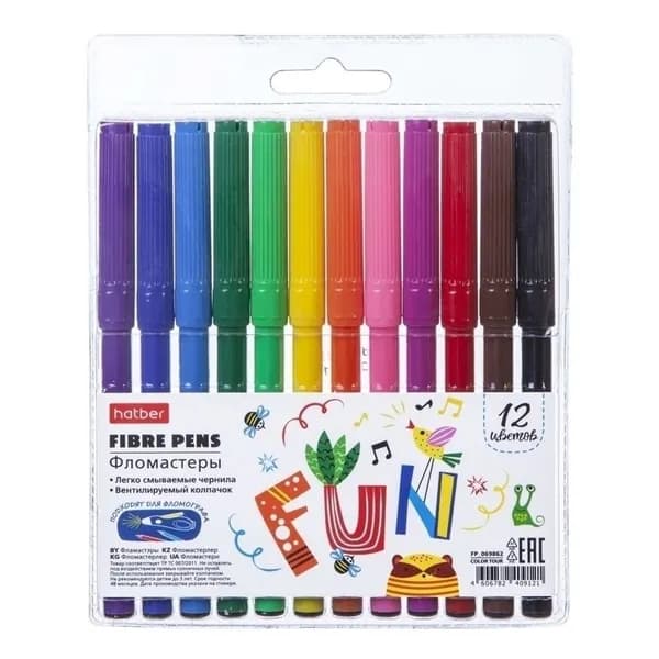 Фломастеры для бумаги Hatber Fibre pens 12 цветов 2,3 мм