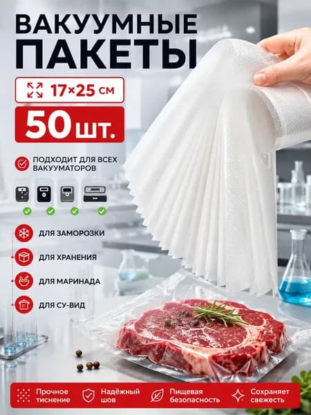 Специальные пакеты для вакуумных упаковочных машин с гофрированной структурой, предназначенные для заморозки и хранения продуктов питания, размер 1725, по 50 штук в упаковке