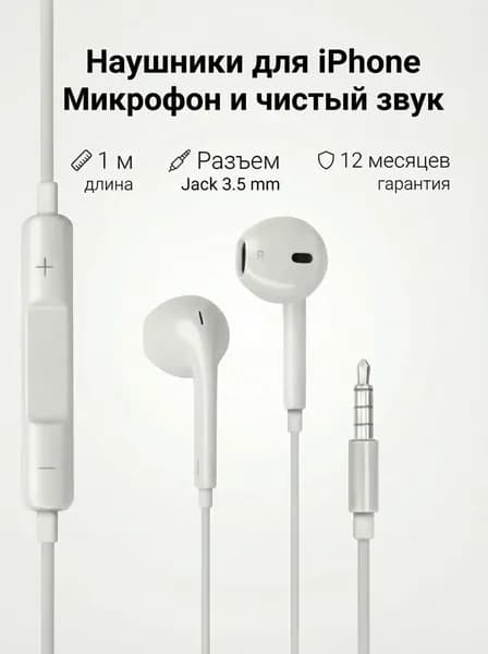 Наушники проводные с Микрофоном / Вкладыши для телефона, смартфона с разъёмом Jack 3,5 / Белые