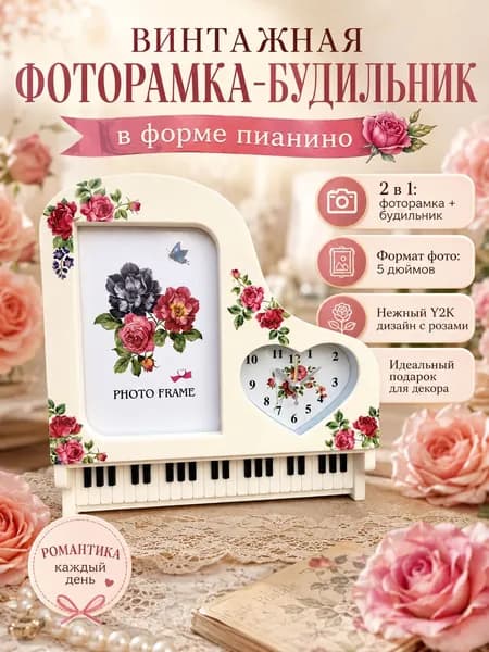 Эстетичные настольные часы с фоторамкой, винтажный декор для комнаты, Пианино