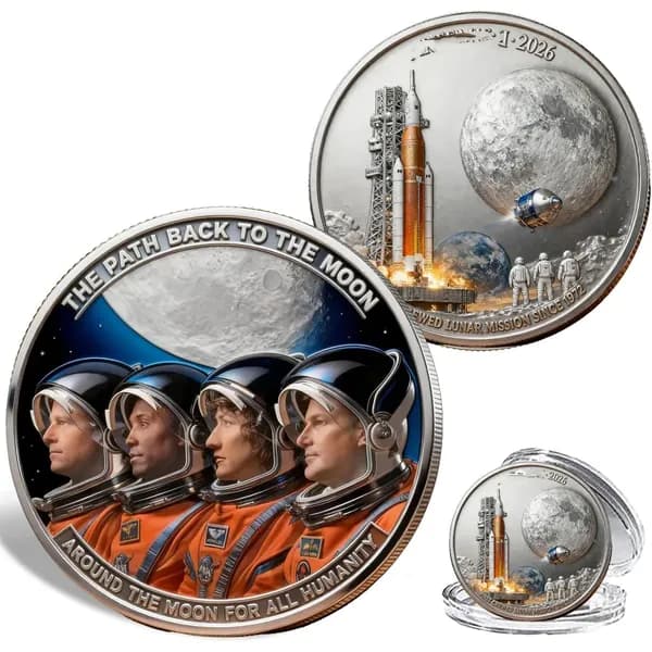 Памятная монета Артемида-2 с рельефным изображением астронавтов и лунного полёта