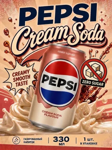 Газированный напиток Pepsi Cream Soda Zero Sugar, 1 шт по 330 мл