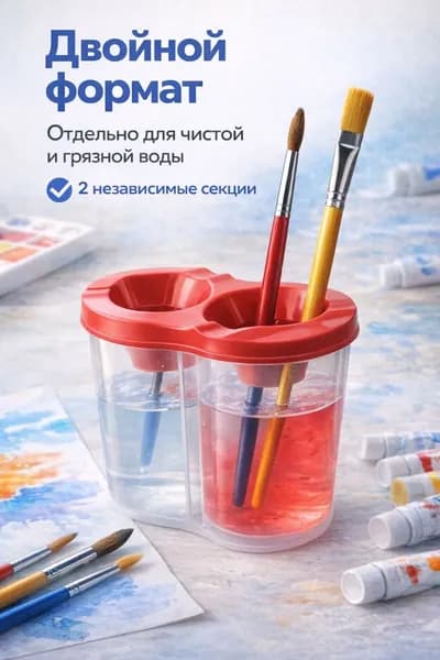 Стакан-непроливайка для кистей двойной 300 мл с двумя отсеками, красный