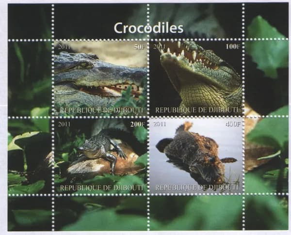 Джибути 2011 Крокодилы, сувенирный лист с 4 марками Crocodiles (MNH)