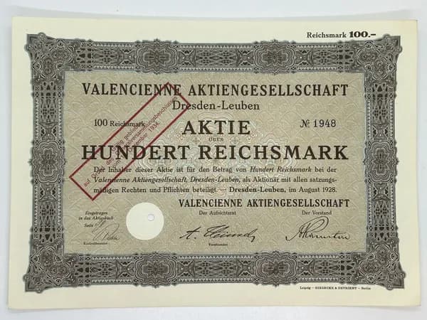 Акция Германия. АО Валансьен, Дрезден-Лойбен, 100 Рейхсмарок 1928 №80