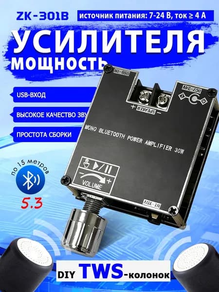 ZK-301B Mono 30 Вт BT5.3 Модуль аудиоусилителя Поддержка True Wireless TWS Pair Box Diy Простая плата усилителя