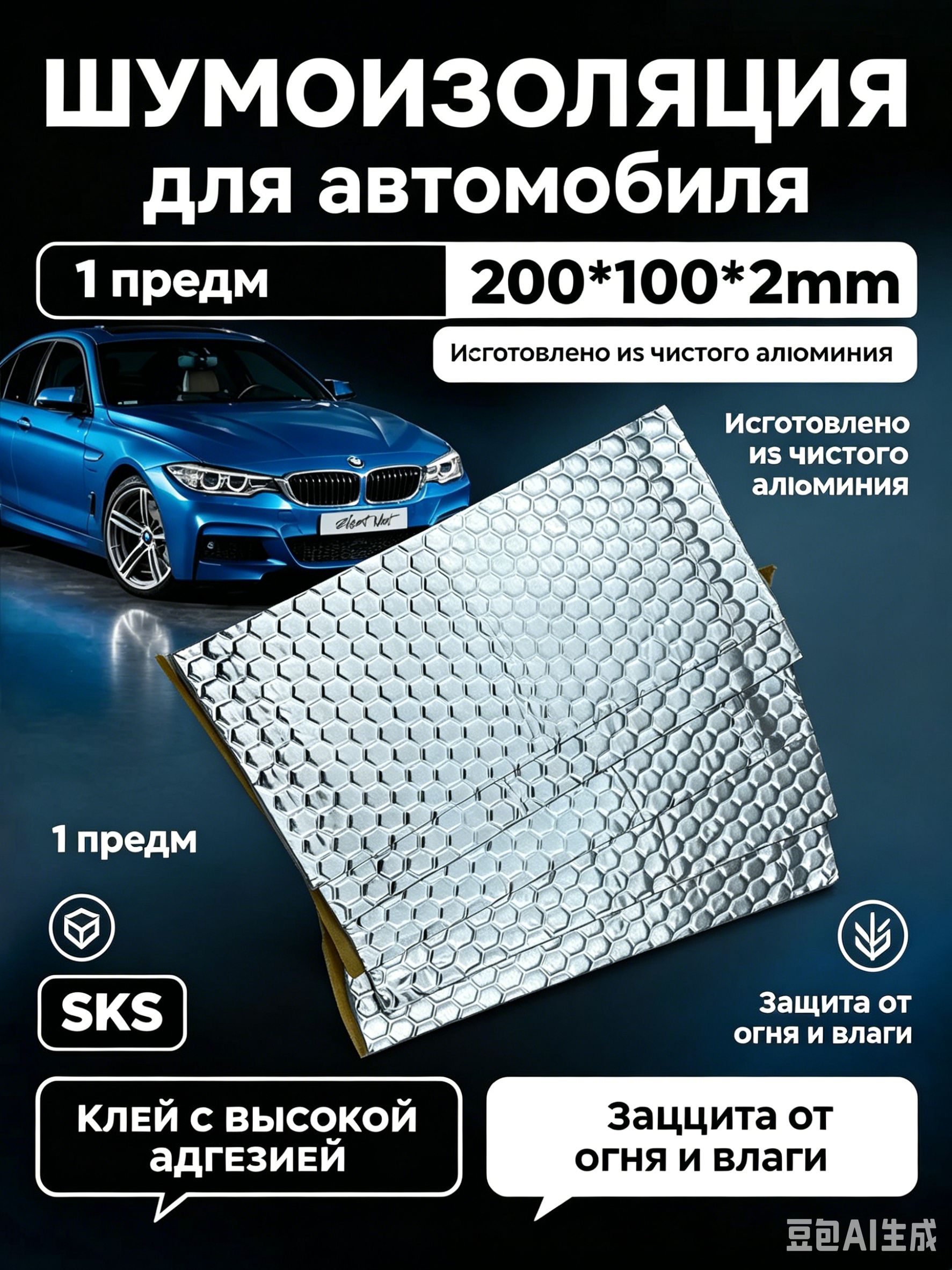 Шумоизоляция автомобильная, 0.2 м, толщина: 2 мм, 1 шт.