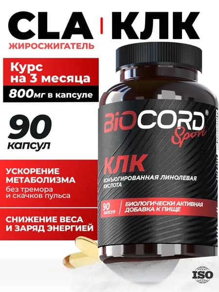 Жиросжигатель для похудения, CLA BIOCORD SPORT 800 мг 90 капсул конъюгированная линолевая кислота для сушки и снижения веса