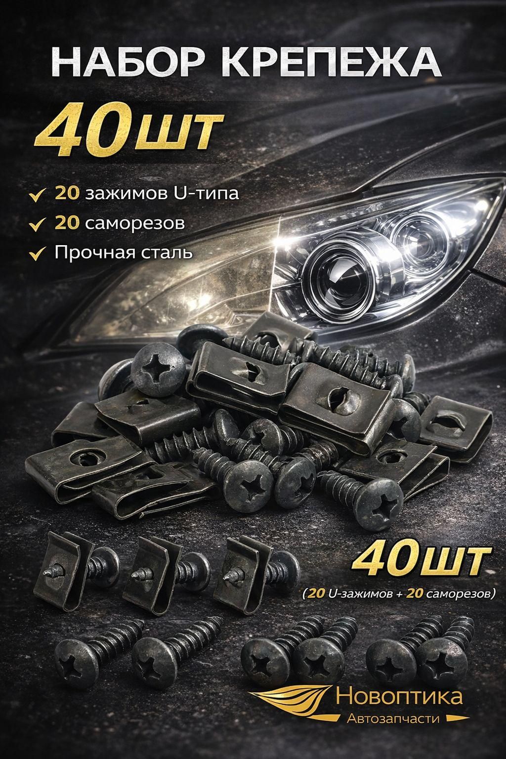 Клипса крепежная автомобильная, Болт крепежный М4 х 0,7, 40 шт.