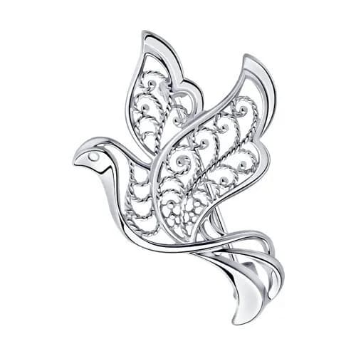 Брошь ажурная из родированного серебра 925 пробы Голубь / птица / 3.2*2.2 см