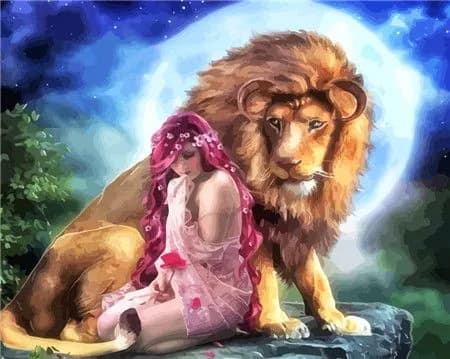 Алмазная мозаика со стразами Девушка со львом/Выкладка полная/Размер холста 30х40 см/Размер картинки 25х35