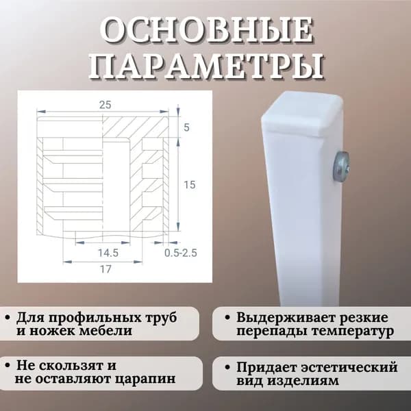 Заглушка для профильной трубы 25х25 мм, квадратная пластиковая, 20 шт.