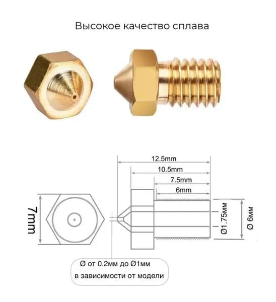 Сопло латунное для 3D принтера, E3DV6, V5/V6 / Сопло для 3д принтера E3D 0.6 мм