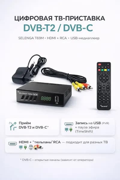 Цифровая ТВ-приставка SELENGA T69M - DVB-T2/DVB-C, Full HD 1080p, 2USB, PVR/TimeShift, EPG, HDMI+RCA
