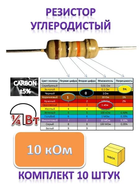 Резистор 10 кОм 0,25Вт 10шт углеродистый (карбоновый), точность 5%