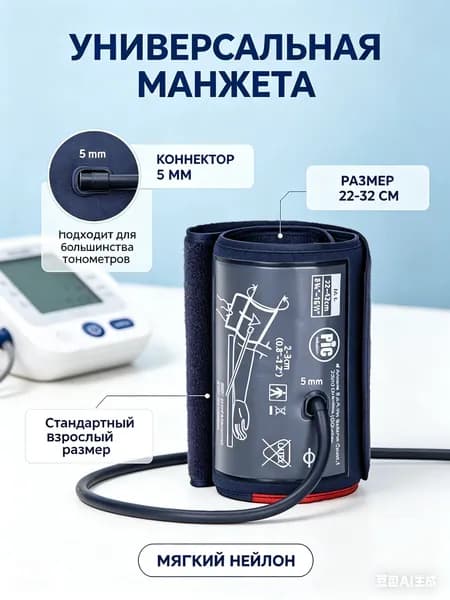 Манжета для электронного тонометра, универсальная 22-32см-плечевая с коннектором 5мм, стандартный сменный рукав для измерения артериального давления