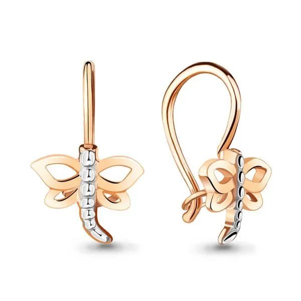 Серьги детские из красного золота 375 пробы / стрекоза / 15*8 мм