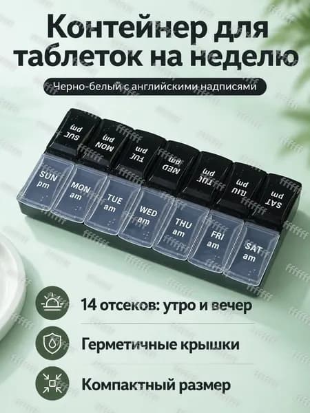 Портативный двухрядный контейнер для лекарств на неделю с 14 отделениями, черно-белый, PP