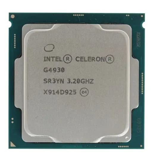 Процессор Intel Celeron G4930 (CM8068403378114) OEM - LGA 1151-v2, 2 х 3.2 ГГц, L2 - 0.5 МБ, L3 - 2 МБ, 2хDDR4-2400 МГц, Intel UHD Graphics 610, TDP 54 Вт
