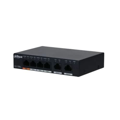 DAHUA PFS3006-4GT-60-V2, 4 порта, Gigabit, PoE 60 Вт, 2 восходящих порта, неуправляемый, настольный коммутатор.