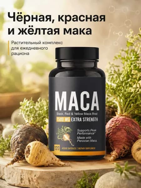 Капсулы мака 1500 мг, комплекс чёрной красной и жёлтой маки, для тонуса и активности, 60 капсул